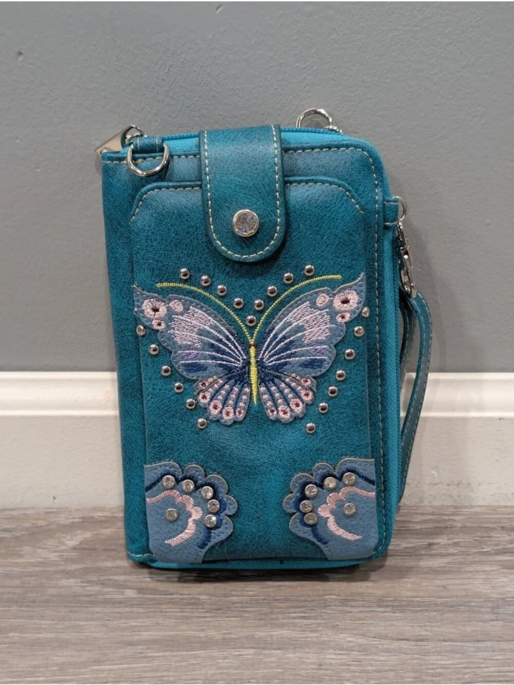 Turquoise Bag Phone Wallet Feature Butterfly Embroidered Rhinestones Zip Around